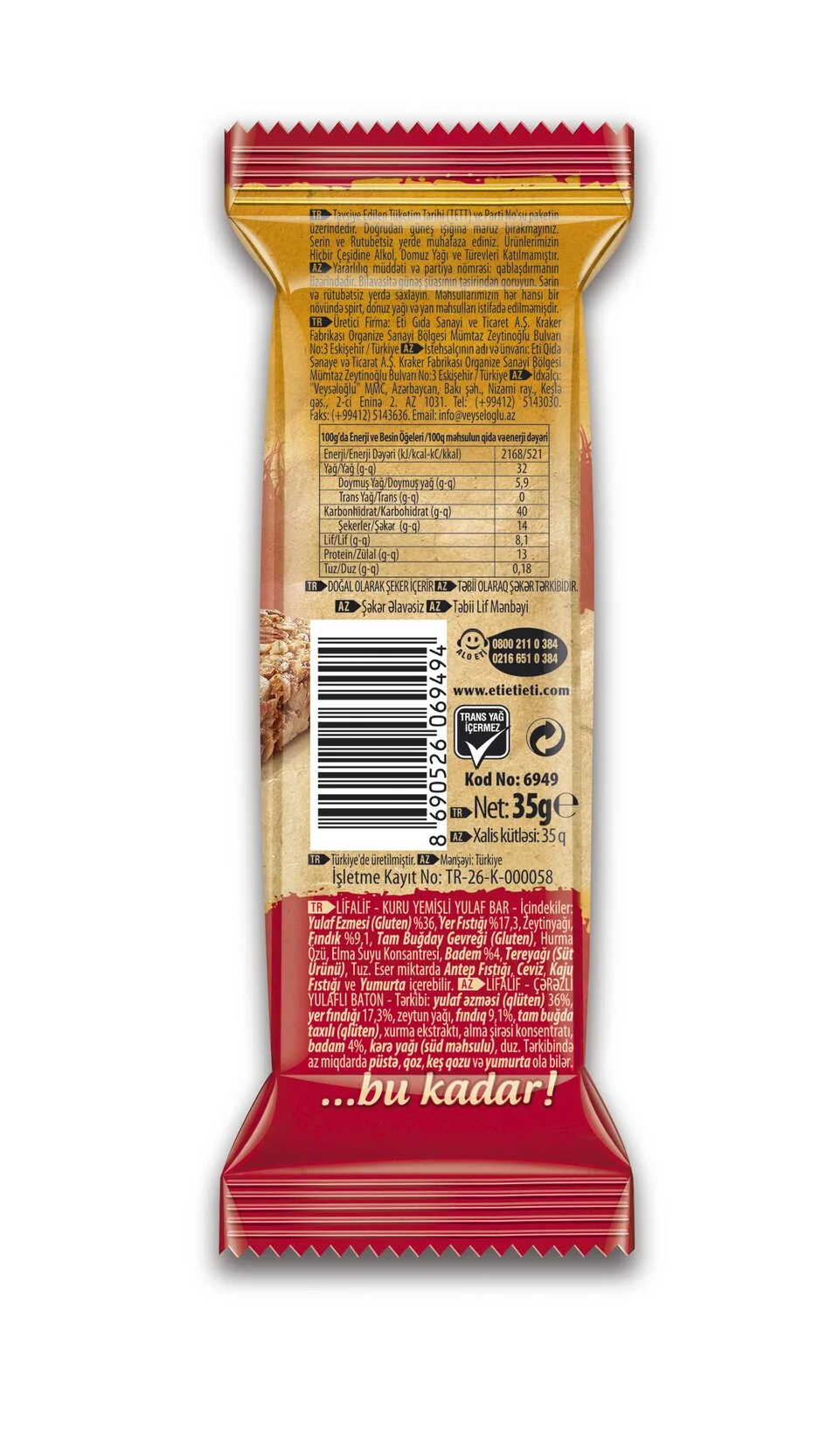 Türkçe içerik listesi ve besin değerleri bulunan gerçek ürün etiketi